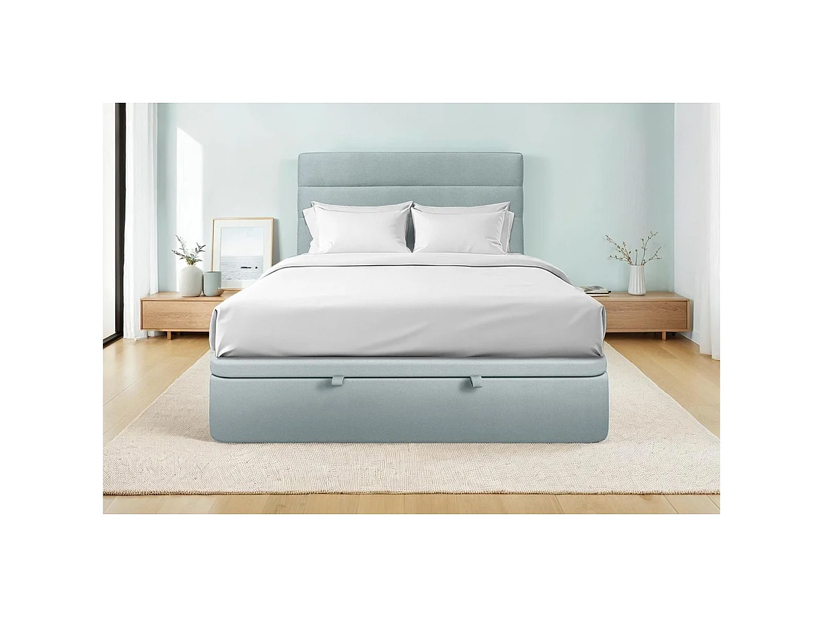 Lit coffre 160x200cm avec tête de lit lignes Velours Gris bleuté - Hauteur totale : 39cm