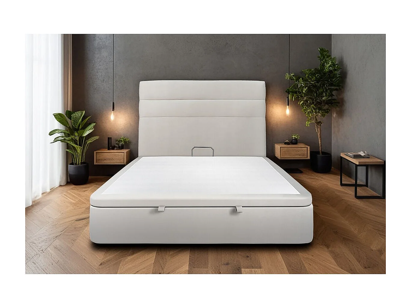 Lit coffre 160x200cm avec tête de lit lignes Velours Gris clair - Hauteur totale : 39cm