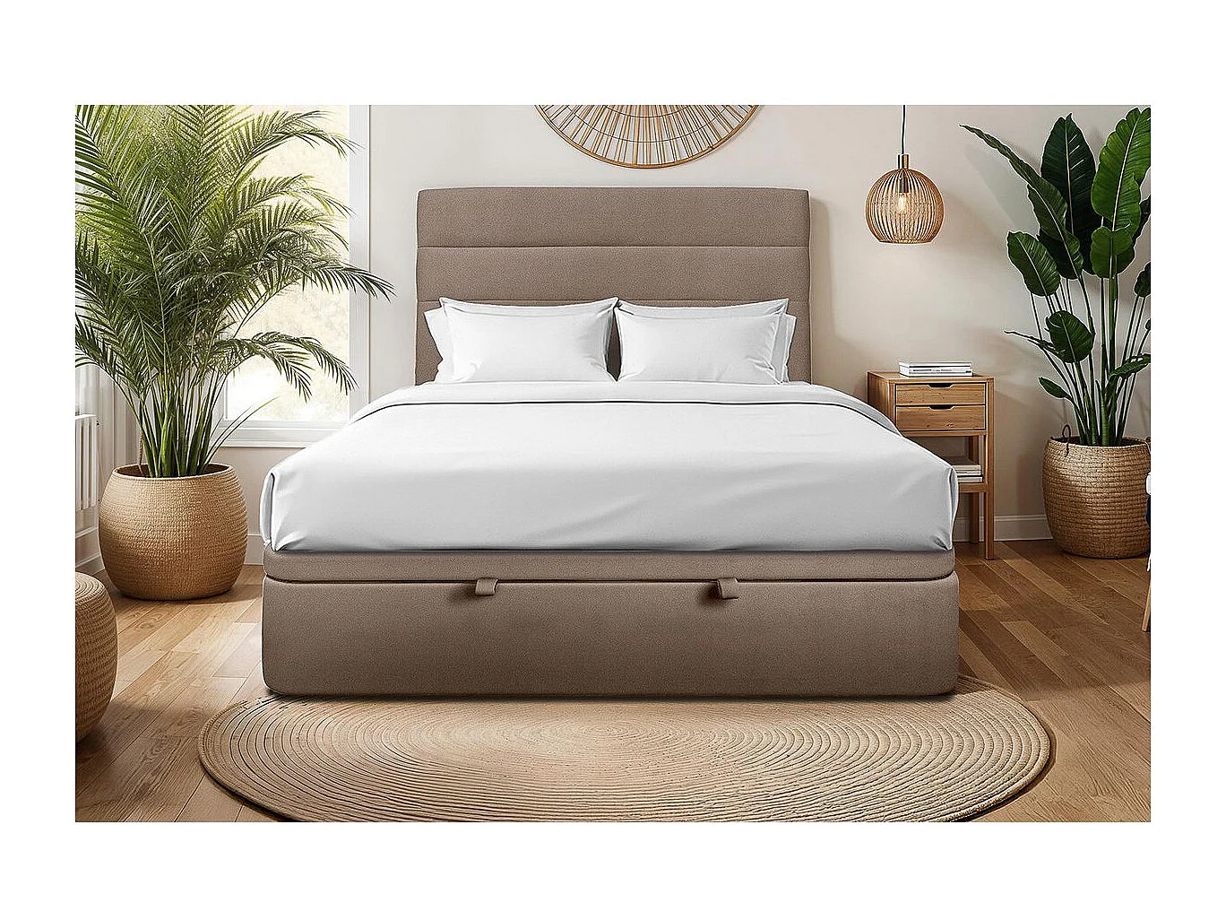 Lit coffre 160x200cm avec tête de lit lignes Velours Taupe - Hauteur totale : 39cm