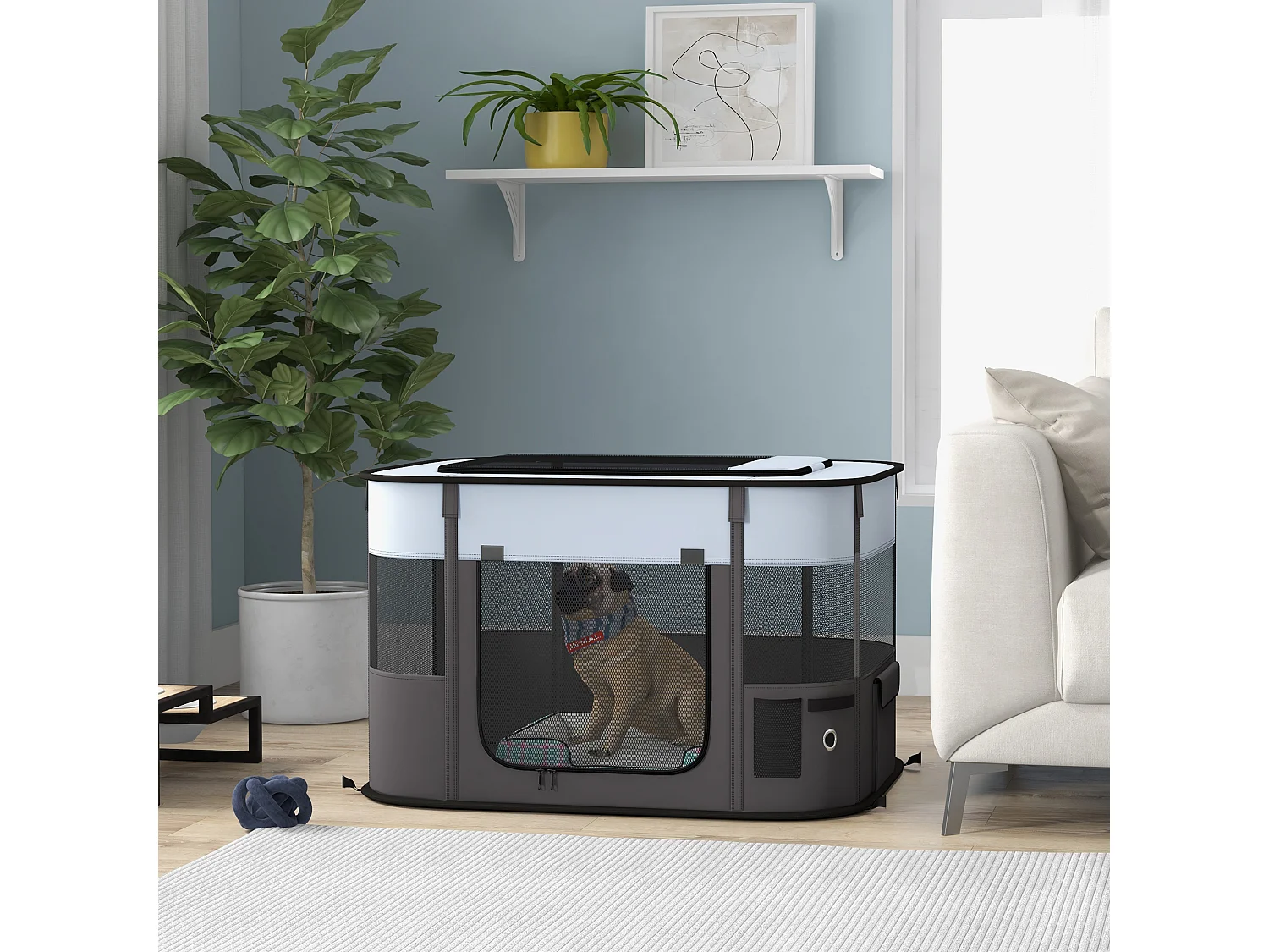 Parc pliable pour chien en tissu Oxford - fenêtres, portes en maille - sac de rangement - gris noir