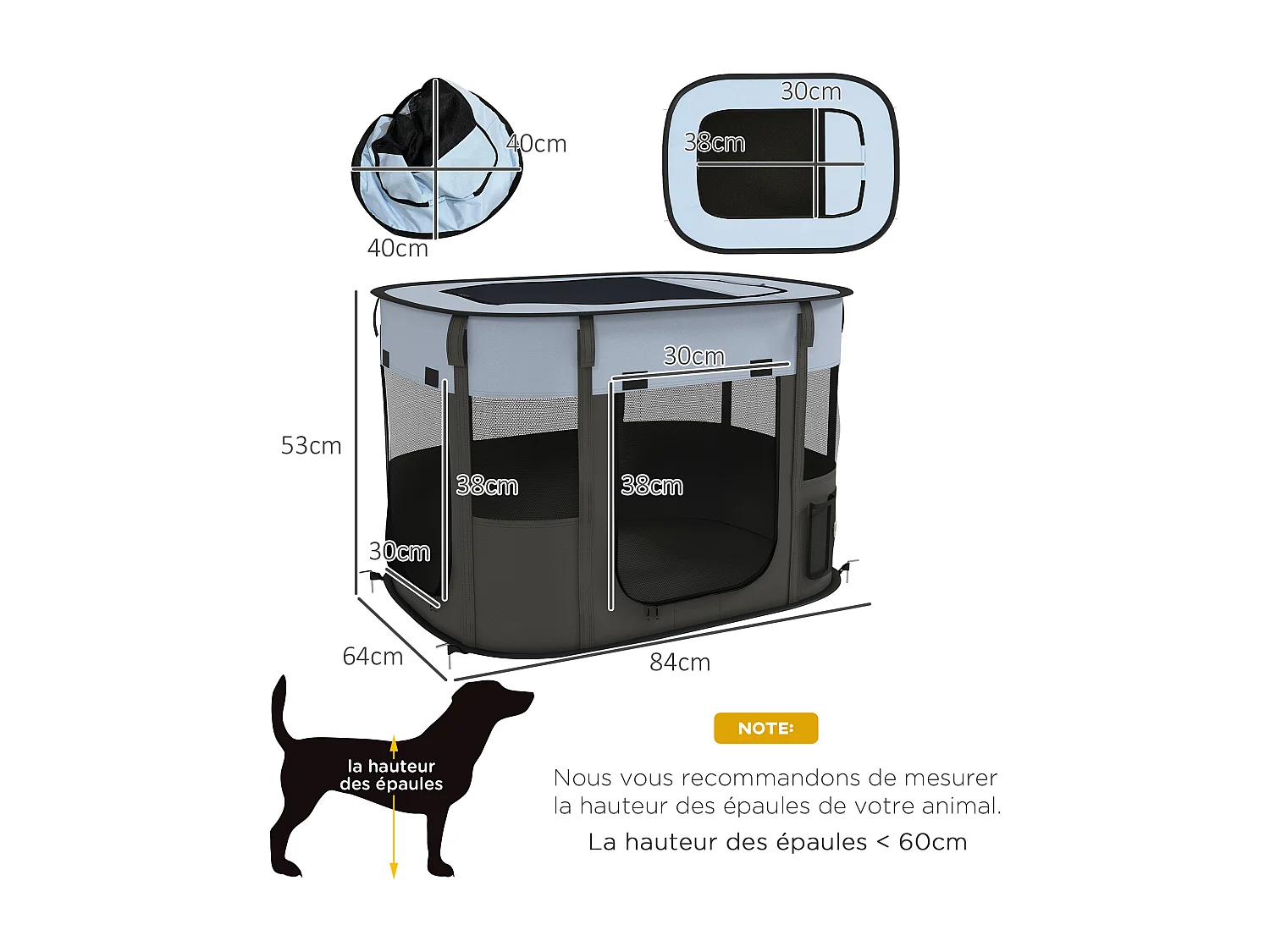 Parc pliable pour chien en tissu Oxford - fenêtres, portes en maille - sac de rangement - gris noir