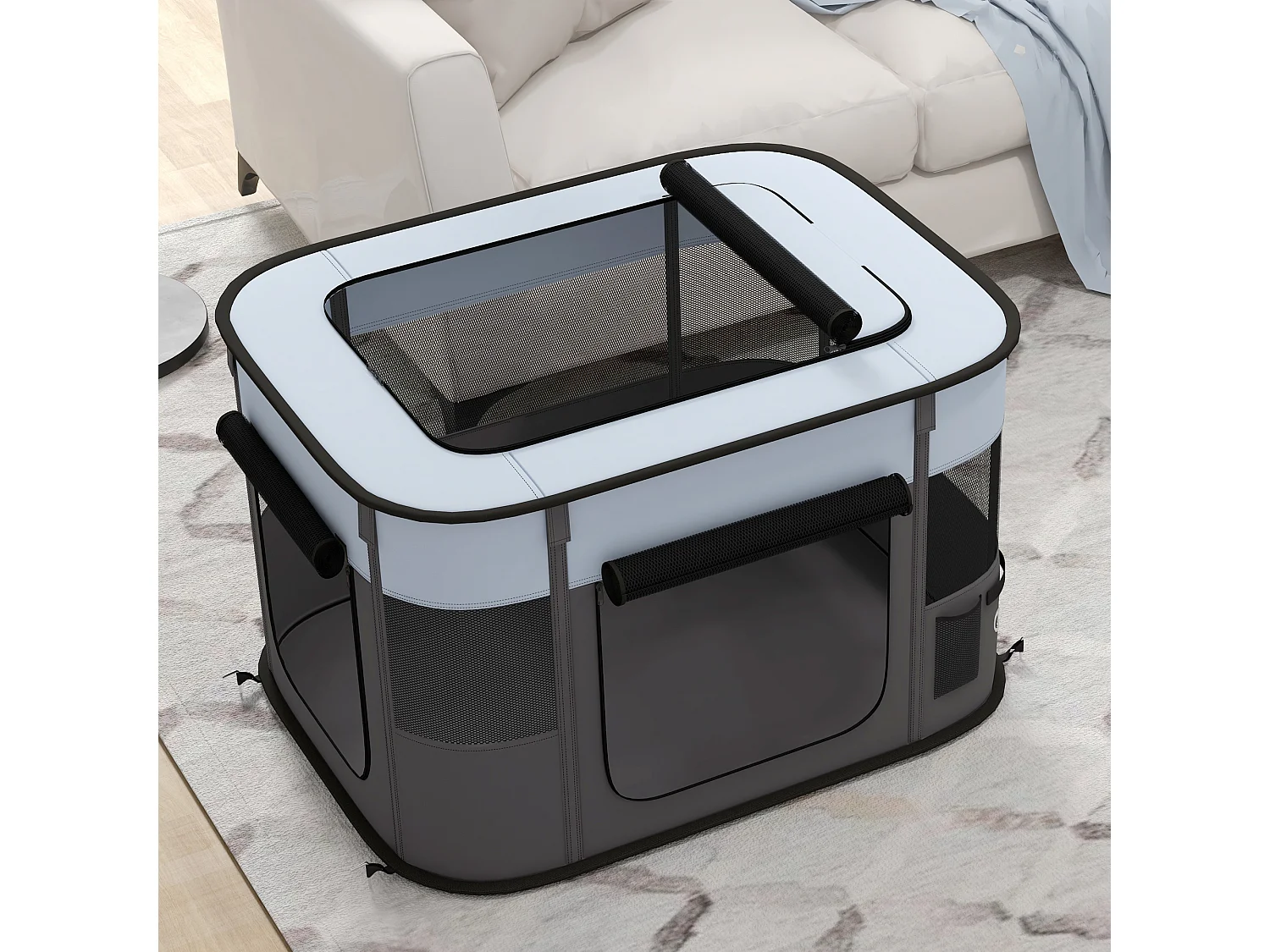 Parc pliable pour chien en tissu Oxford - fenêtres, portes en maille - sac de rangement - gris noir