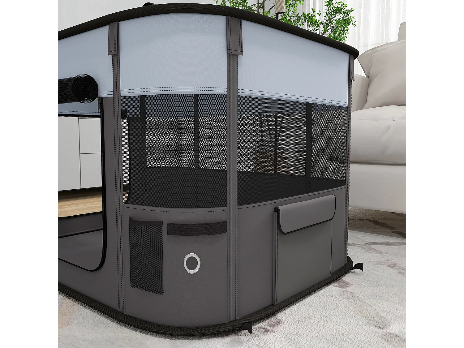 Parc pliable pour chien en tissu Oxford - fenêtres, portes en maille - sac de rangement - gris noir