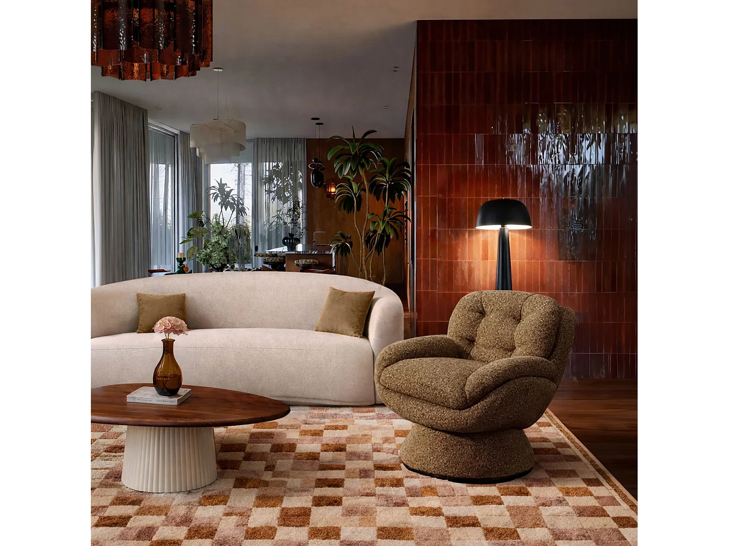 Now's Home - Fauteuil Pivotant En Tissu Chiné Marron 80x69x77.5 Gustave