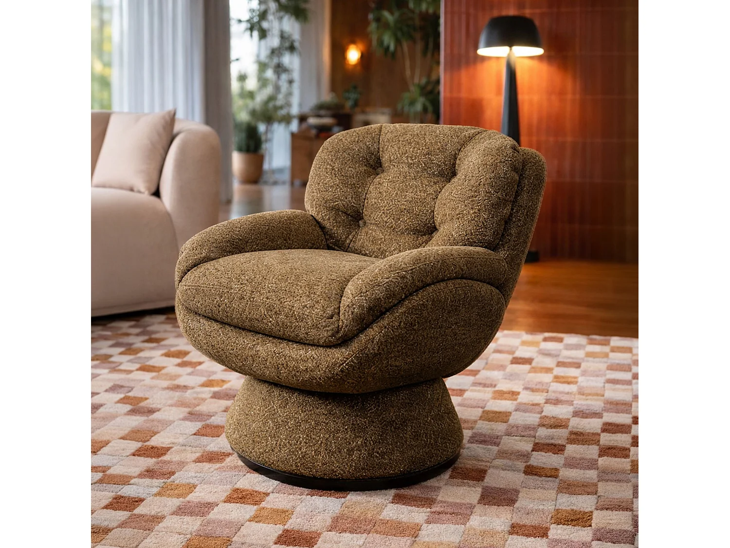 Now's Home - Fauteuil Pivotant En Tissu Chiné Marron 80x69x77.5 Gustave
