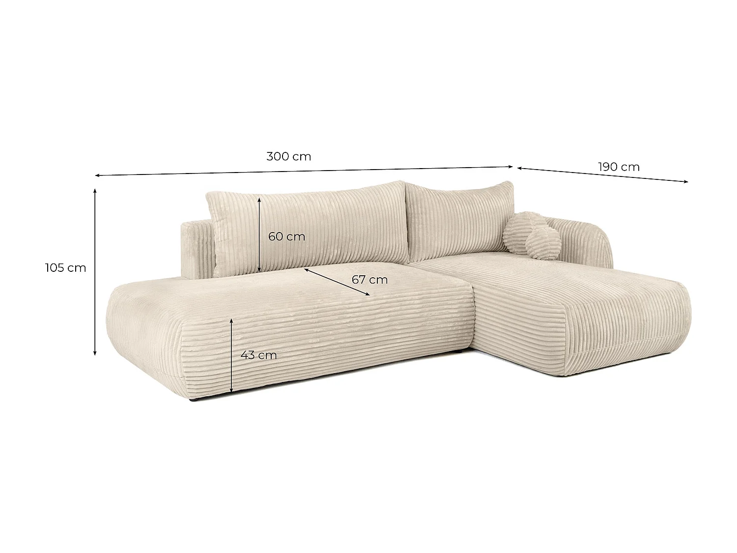 Canapé d'angle droit convertible 5 places en velours côtelé beige FABIO