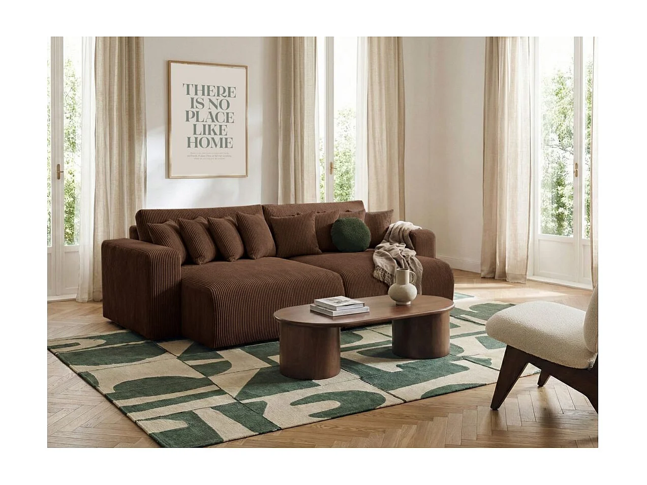 Canapé droit 4 places JADE double méridienne et assise profonde en velours côtelé - Marron