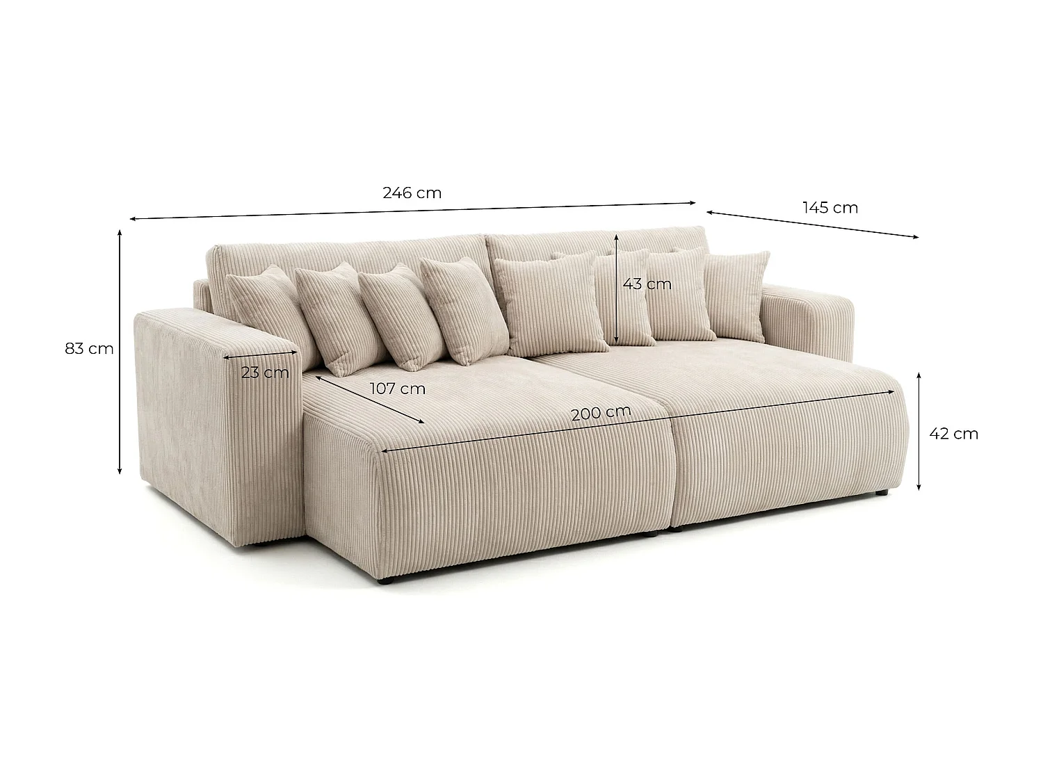 Canapé droit 4 places JADE double méridienne et assise profonde en velours côtelé - Marron