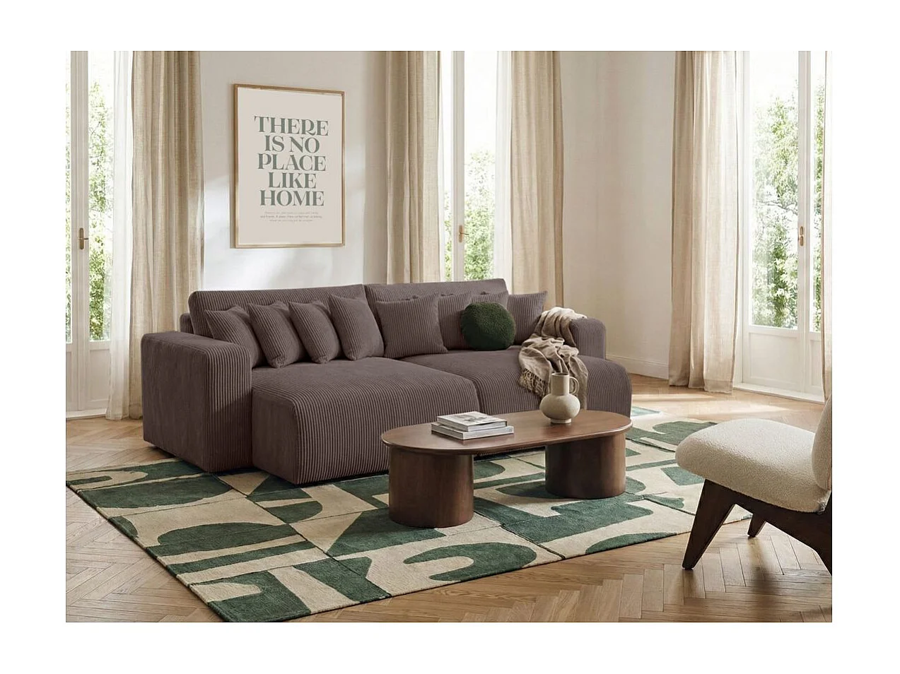 Canapé droit 4 places JADE double méridienne et assise profonde en velours côtelé - Marron glacé