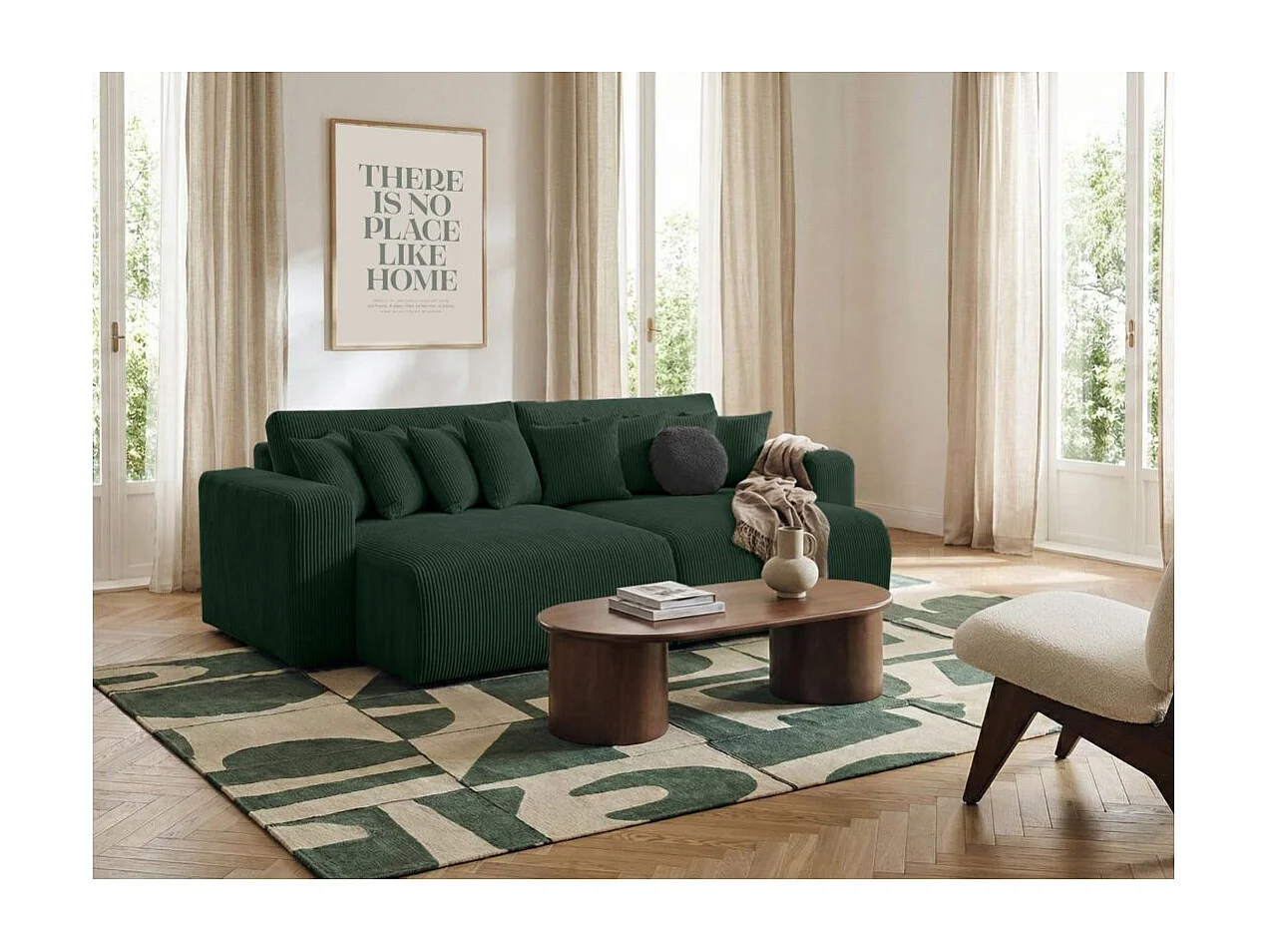 Canapé droit 4 places JADE double méridienne et assise profonde en velours côtelé - Vert foncé