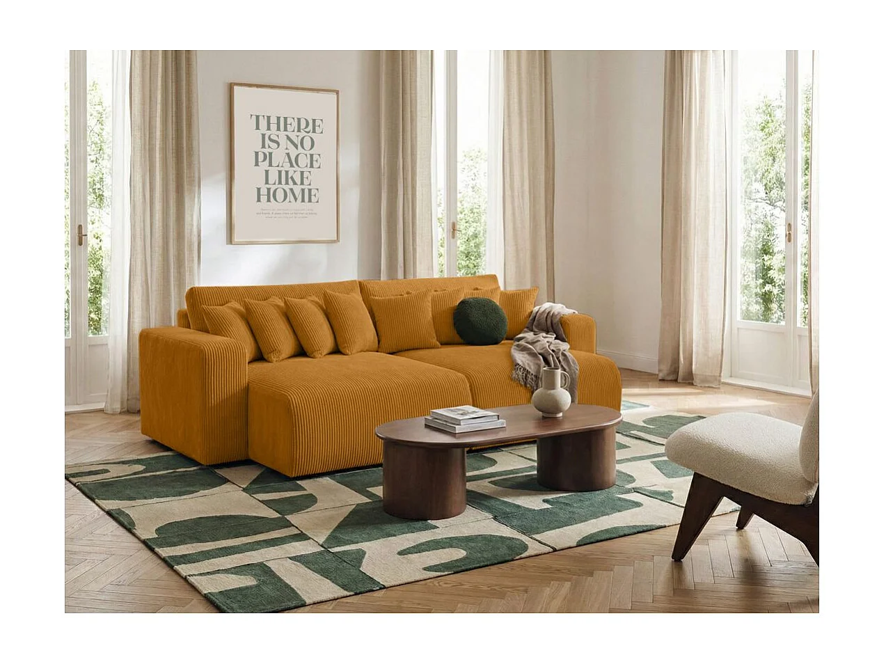 Canapé droit 4 places JADE double méridienne et assise profonde en velours côtelé - Jaune