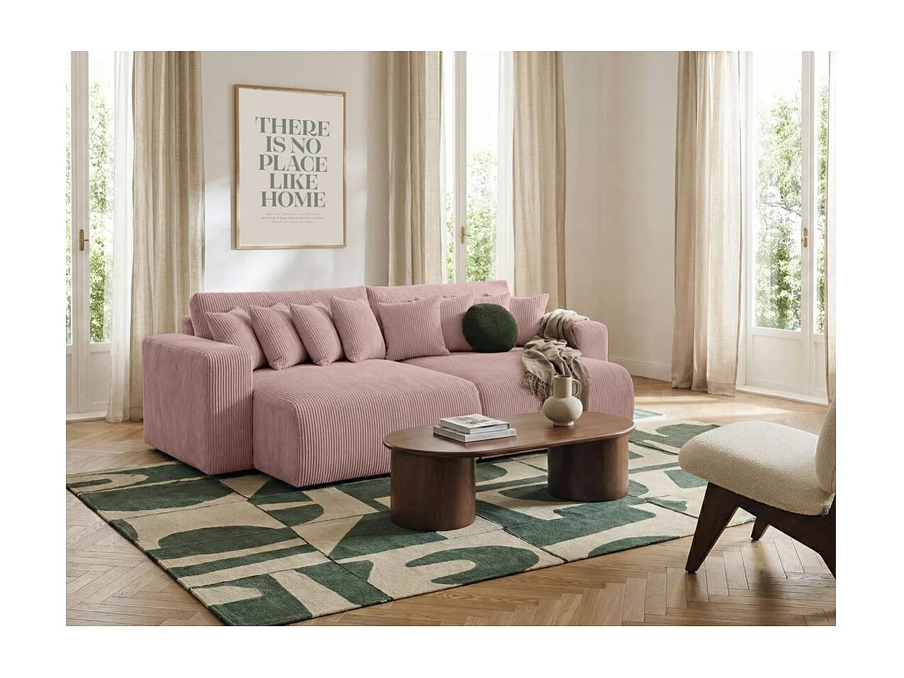 Canapé droit 4 places JADE double méridienne et assise profonde en velours côtelé - Rose