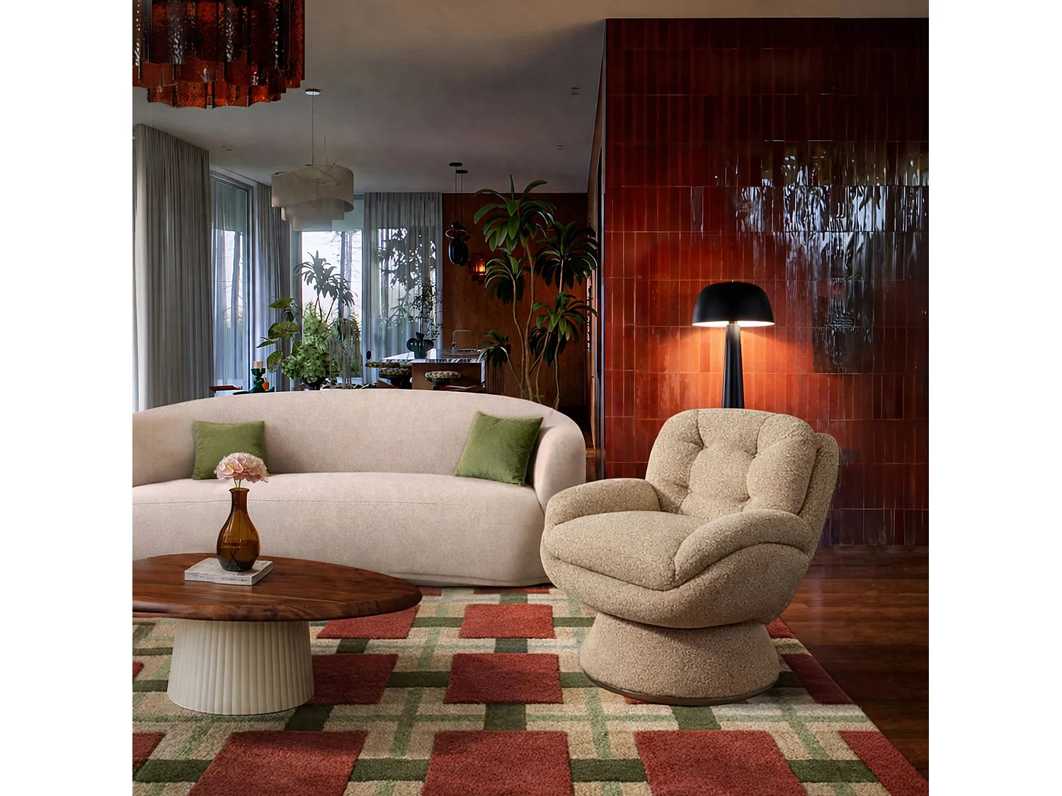 Now's Home - Fauteuil Pivotant En Tissu Chiné Beige 74x61x70cm Gustave