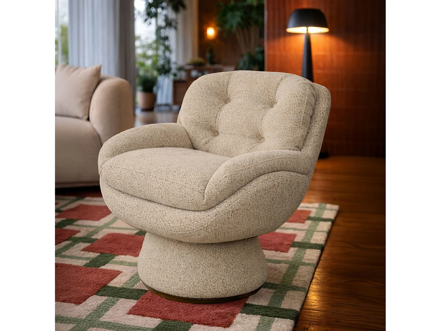 Now's Home - Fauteuil Pivotant En Tissu Chiné Beige 74x61x70cm Gustave