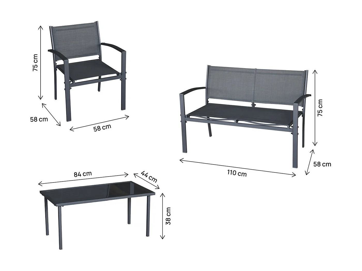 Set di mobili da giardino in metallo "Lino II" - 4 posti - Nero