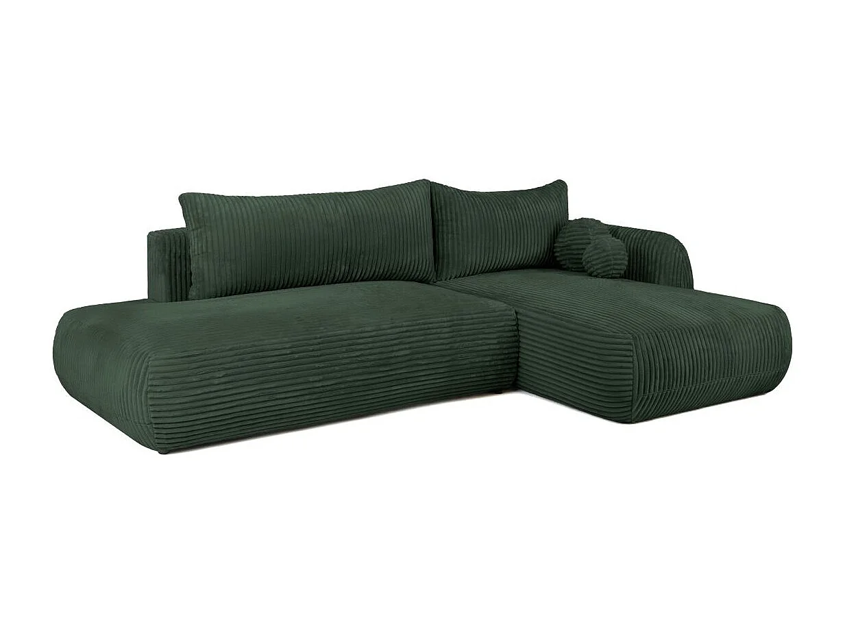 Canapé d'angle droit convertible 5 places en velours côtelé vert FABIO