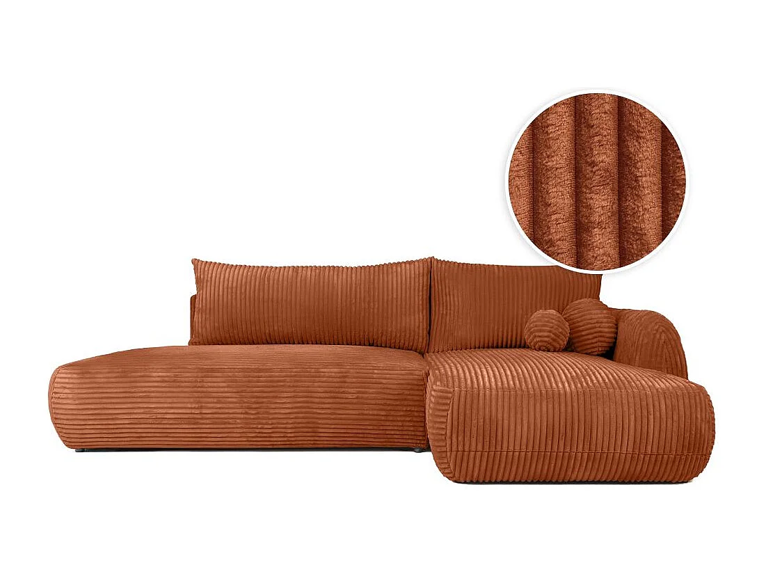 Canapé d'angle droit convertible 5 places en velours côtelé terracotta FABIO