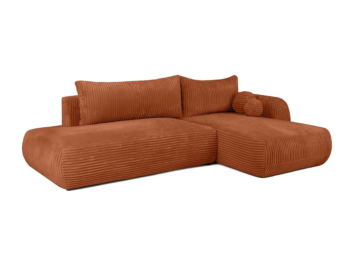 Canapé d'angle droit convertible 5 places en velours côtelé terracotta FABIO