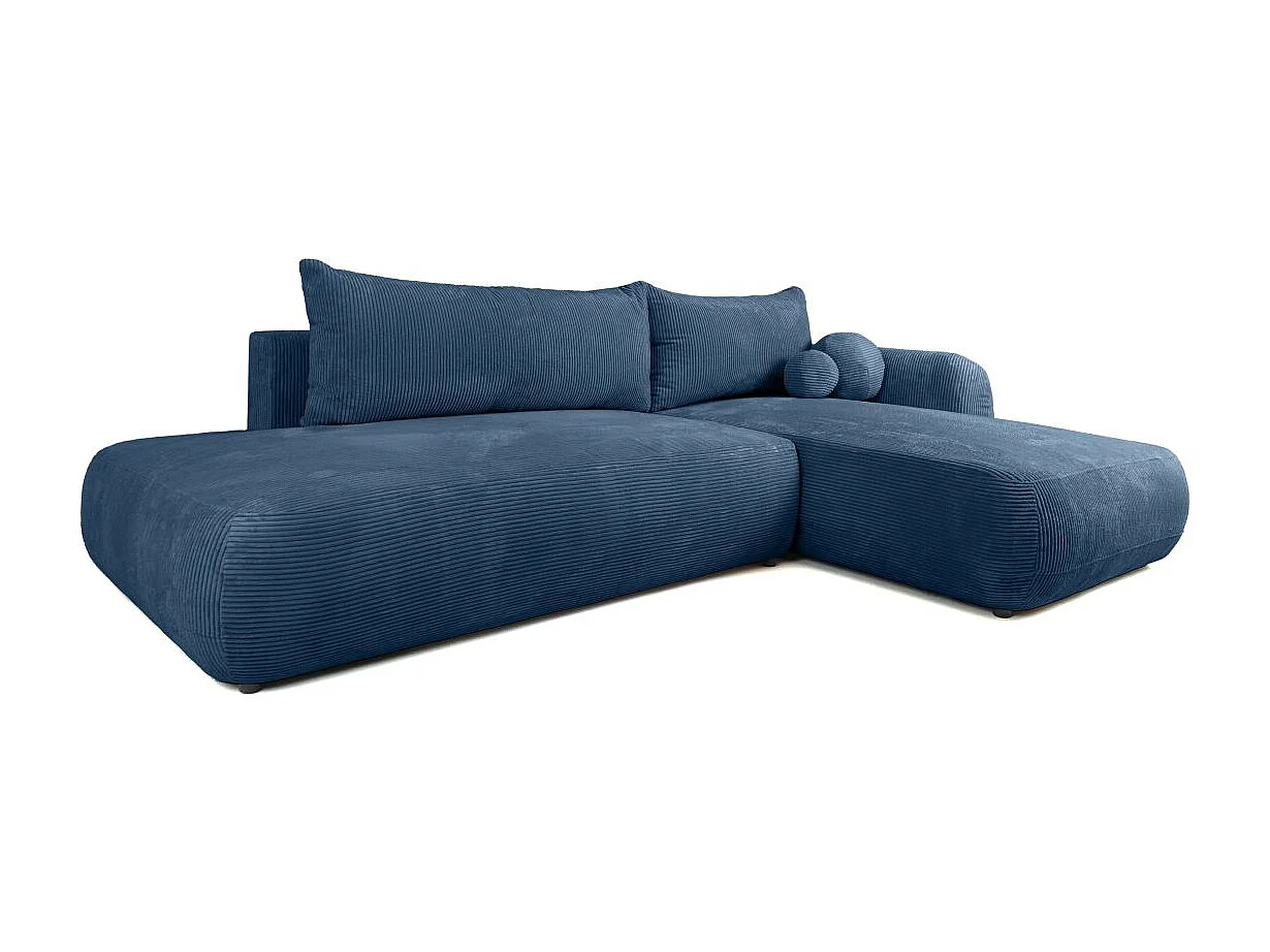Canapé d'angle droit convertible 5 places en velours côtelé bleu FABIO