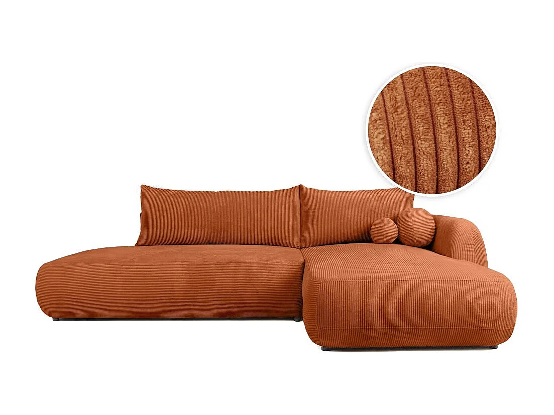 Canapé d'angle droit convertible 5 places en velours côtelé terracotta FABIO