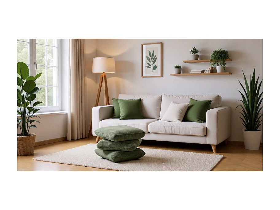 Pouf carré pivotant coussins empilés tissu chenille vert – LOUELLA
