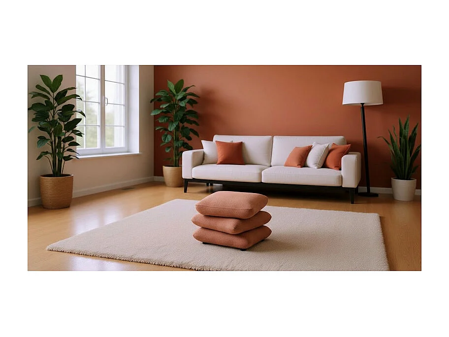 Pouf carré pivotant coussins empilés tissu chenille terracotta – LOUELLA