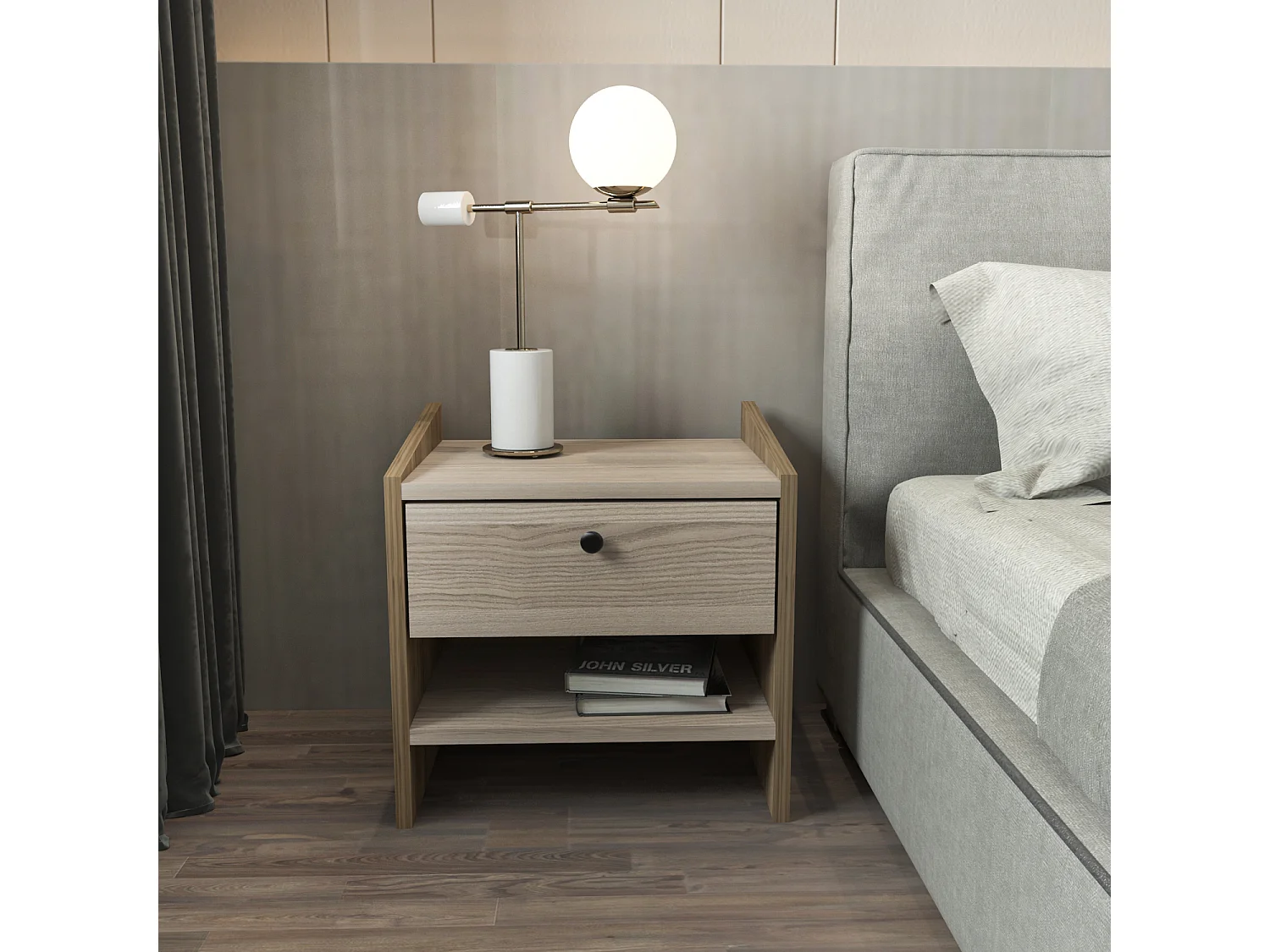 Decorotika Berlin Nightstand with Open Shelf and Drawer