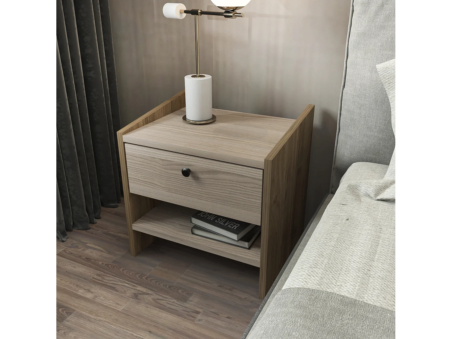 Decorotika Berlin Nightstand with Open Shelf and Drawer