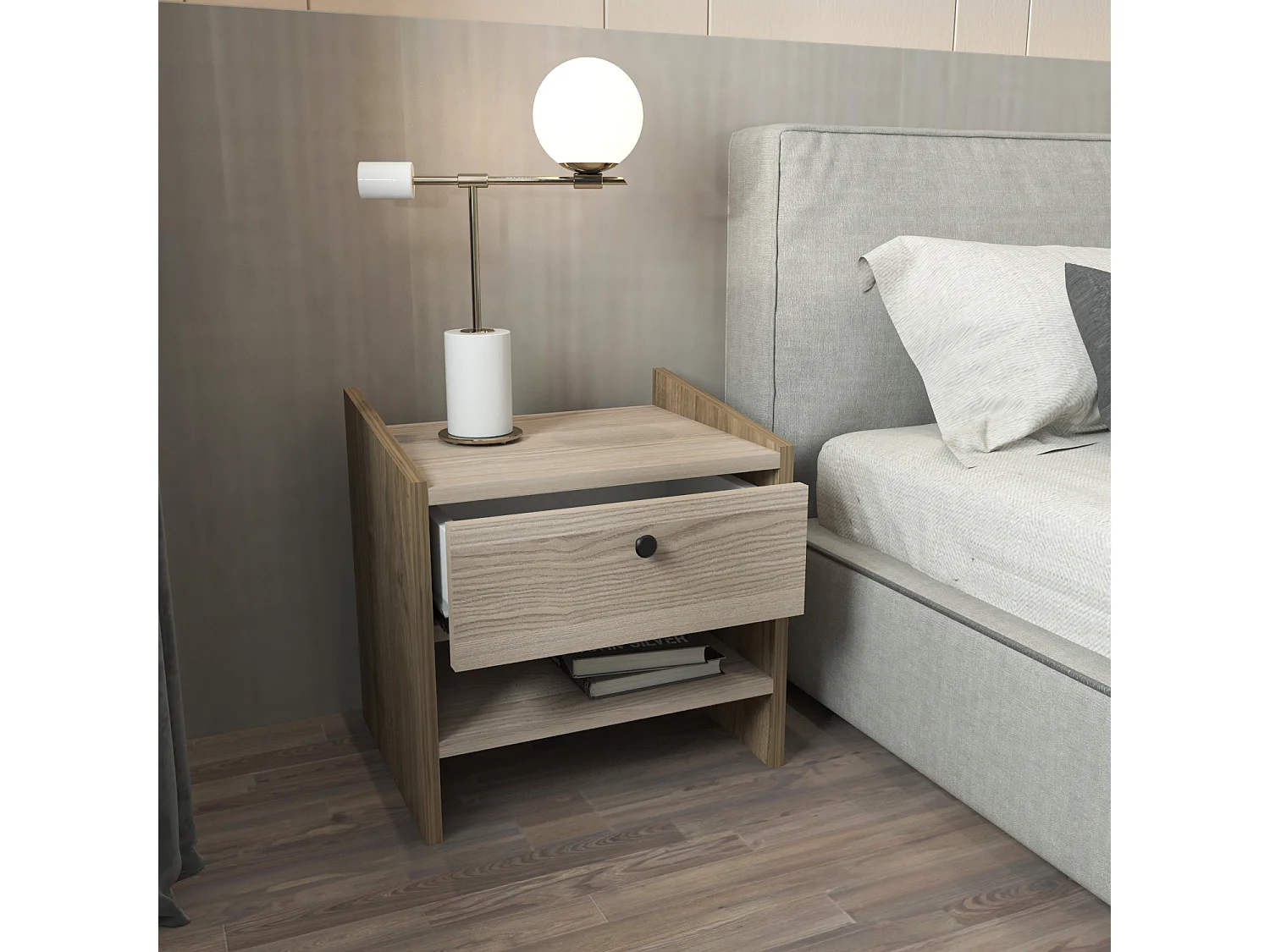 Decorotika Berlin Nightstand with Open Shelf and Drawer