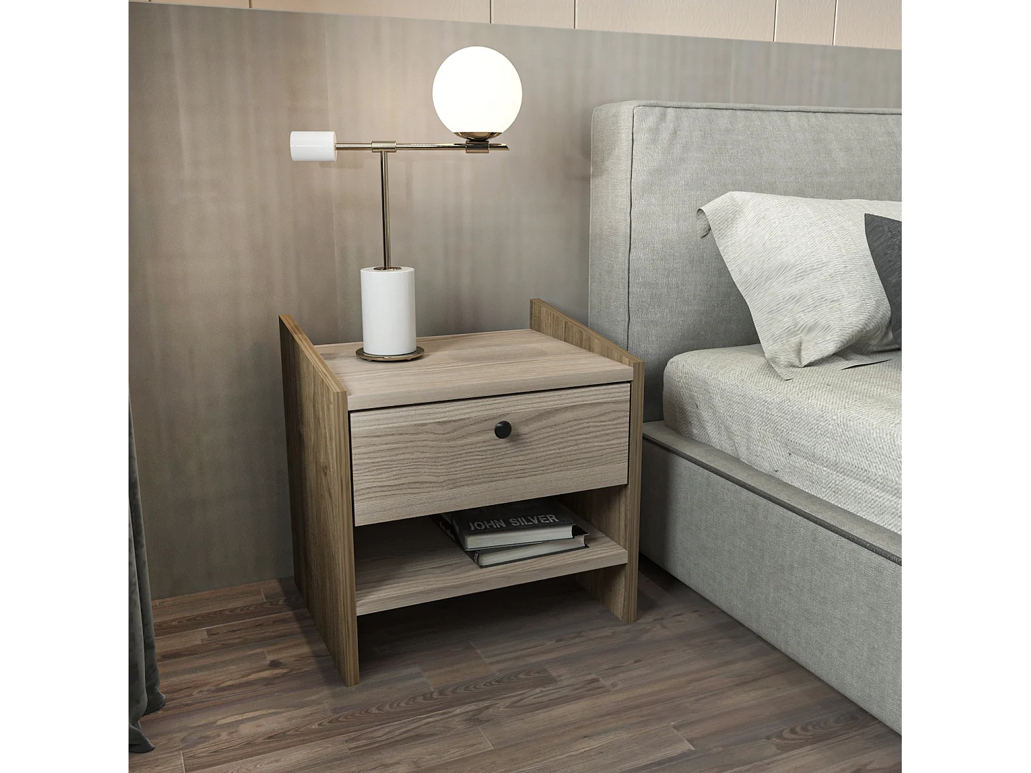 Decorotika Berlin Nightstand with Open Shelf and Drawer