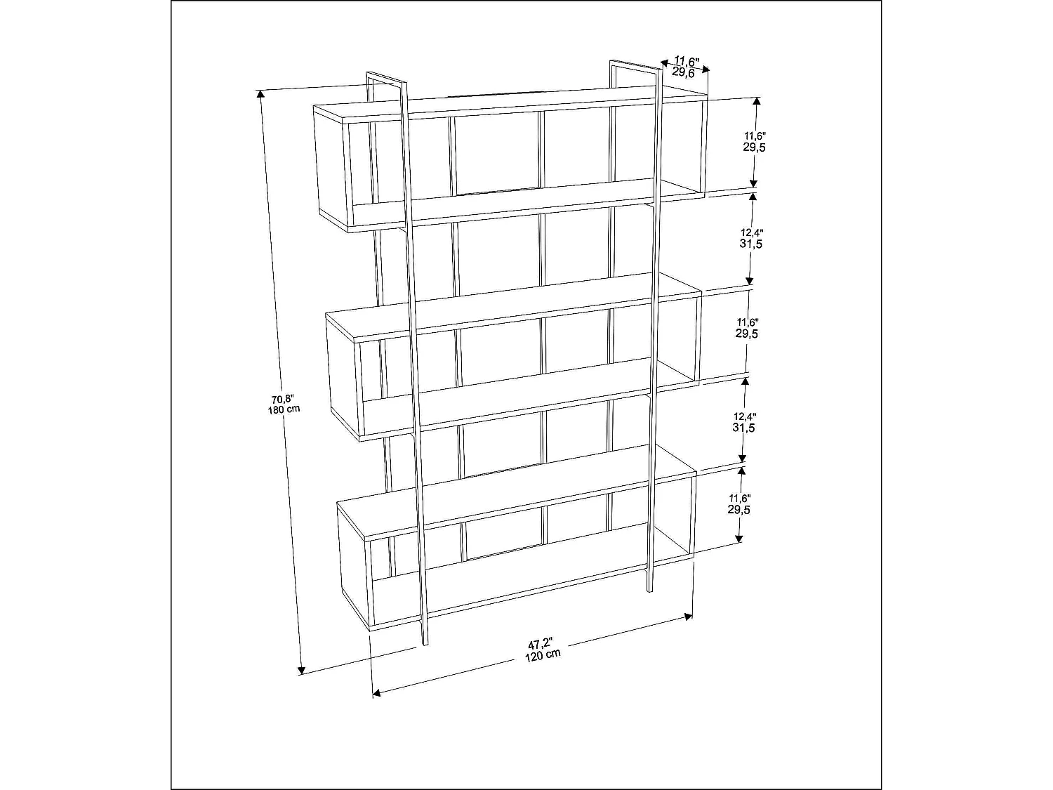 Decorotika Bruti Freestanding Metal Frame Bookcase 180 cm H x 120 cm W x 29,6 cm D