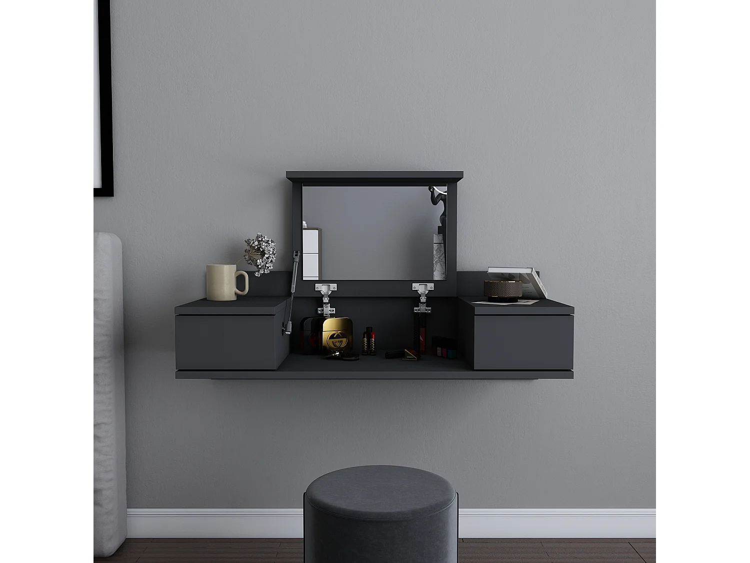Decorotika Zenn Floating Makeup Vanity with Mirror and Drawers