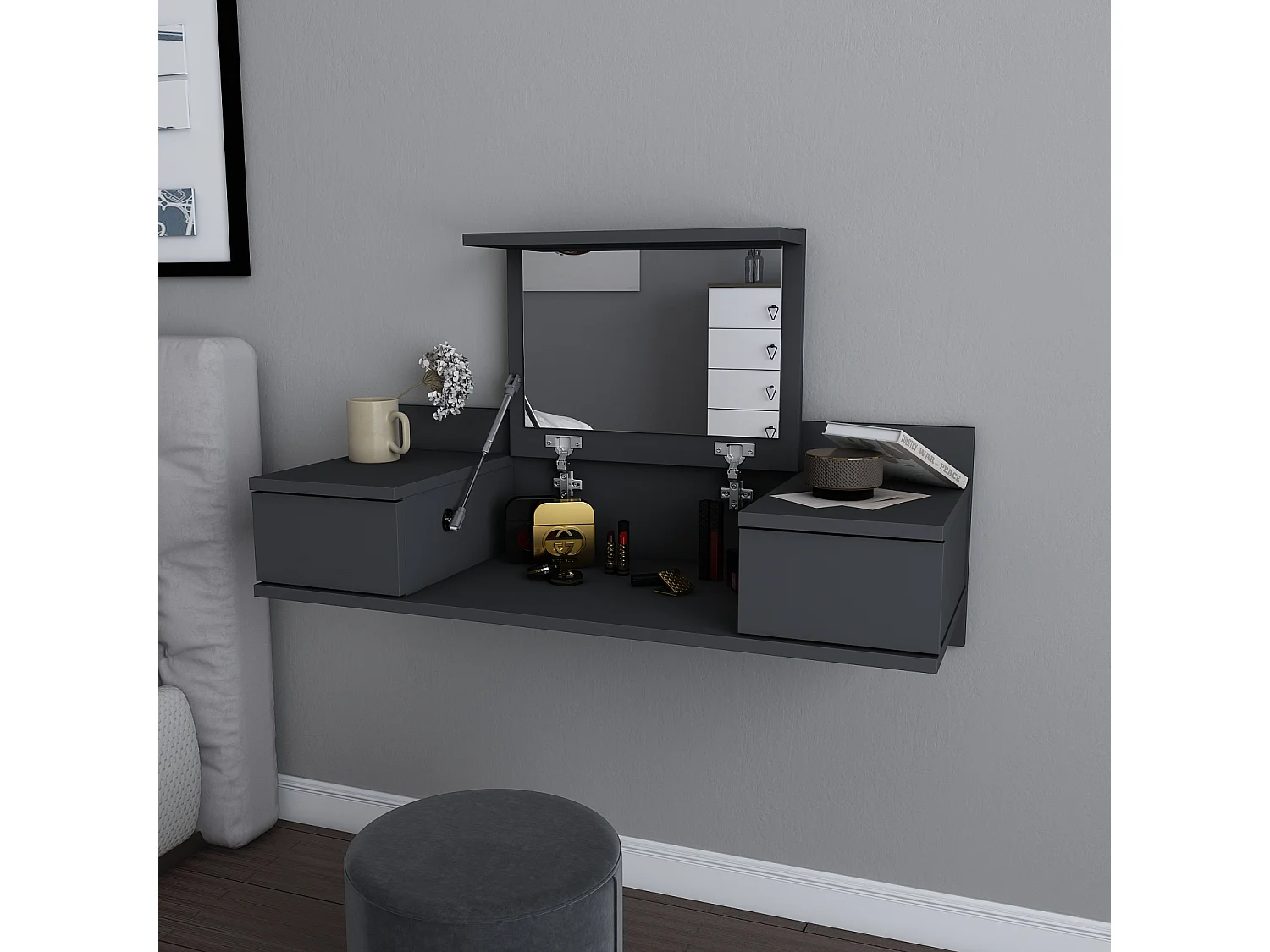 Decorotika Zenn Floating Makeup Vanity with Mirror and Drawers
