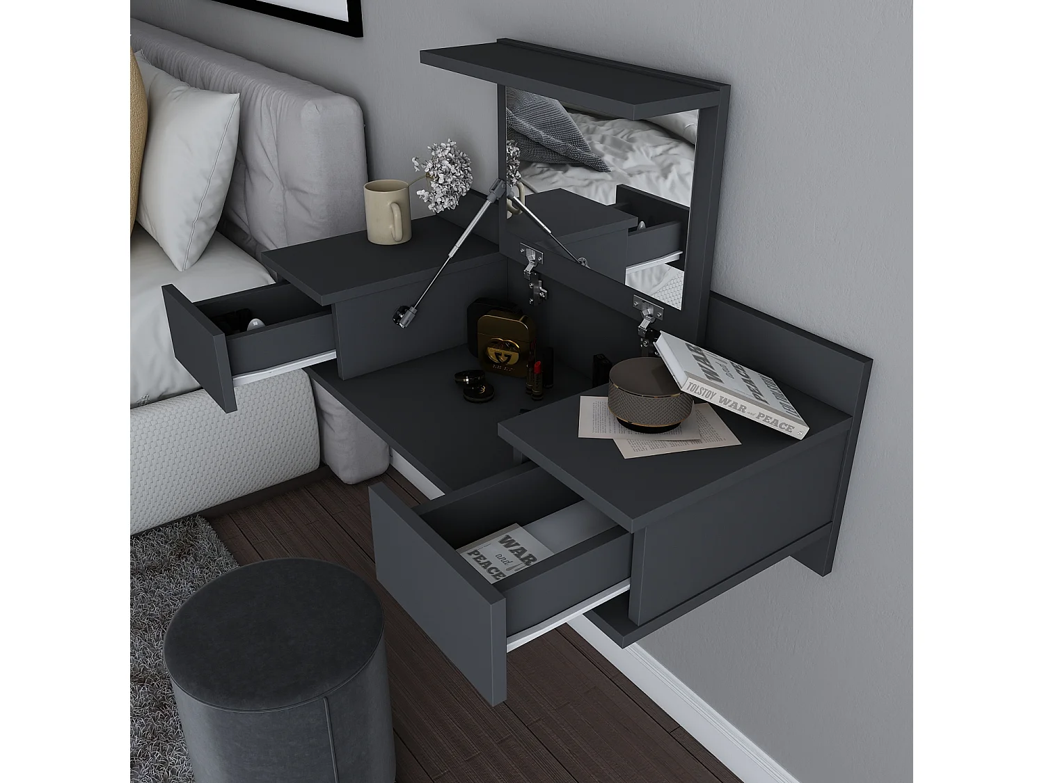 Decorotika Zenn Floating Makeup Vanity with Mirror and Drawers