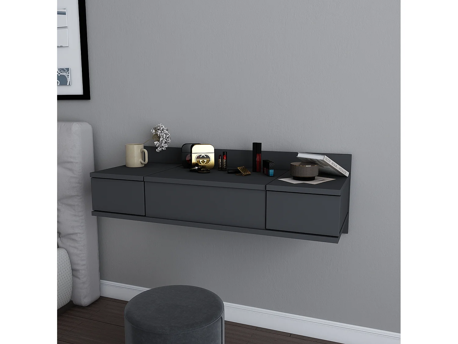 Decorotika Zenn Floating Makeup Vanity with Mirror and Drawers