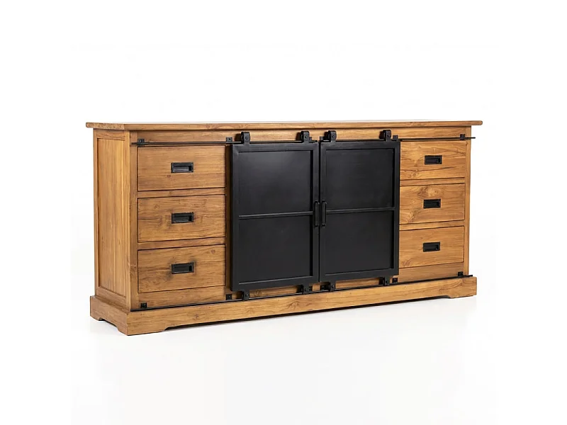 Buffet L. 200 cm en bois de teck massif brut et métal noir – EDWARDS