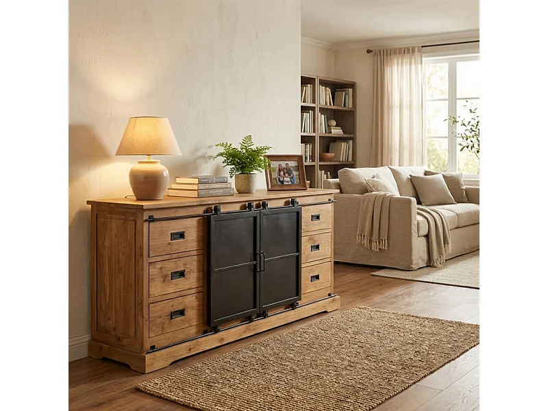 Buffet L. 200 cm en bois de teck massif brut et métal noir – EDWARDS