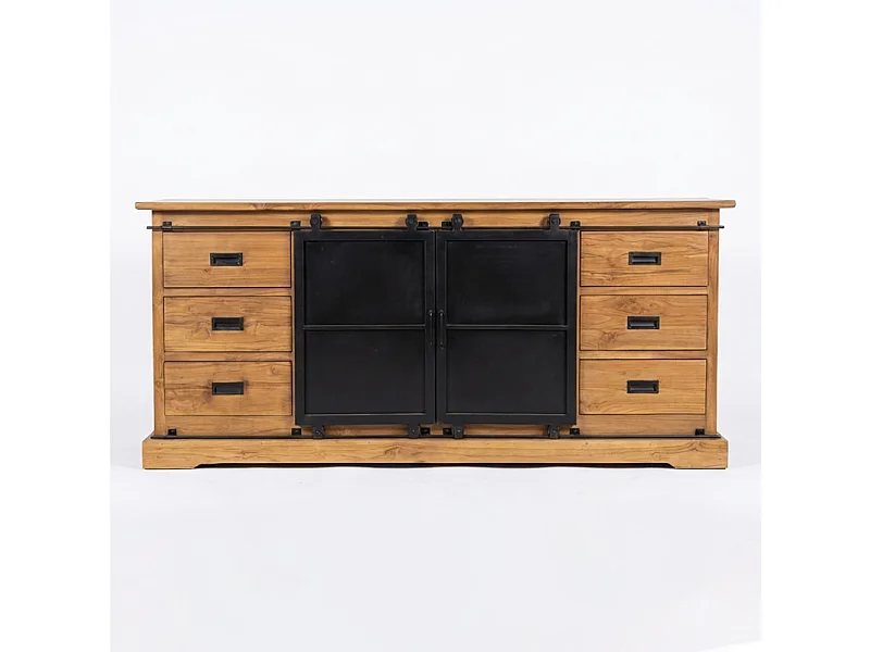 Buffet L. 200 cm en bois de teck massif brut et métal noir – EDWARDS