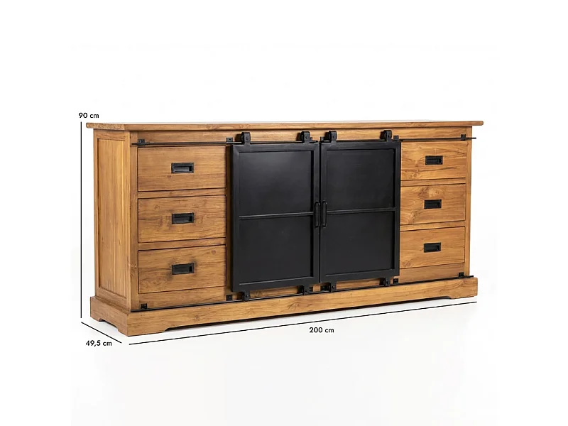Buffet L. 200 cm en bois de teck massif brut et métal noir – EDWARDS