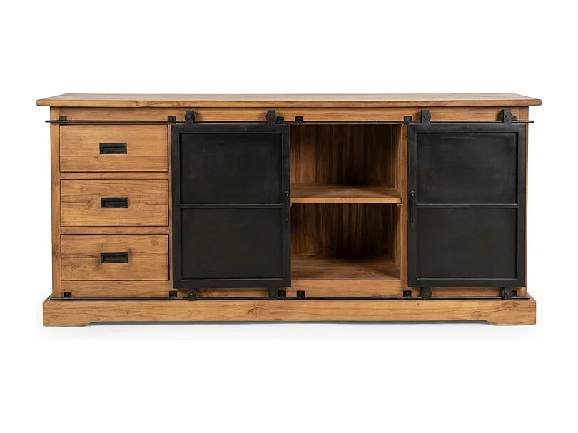 Buffet L. 200 cm en bois de teck massif brut et métal noir – EDWARDS