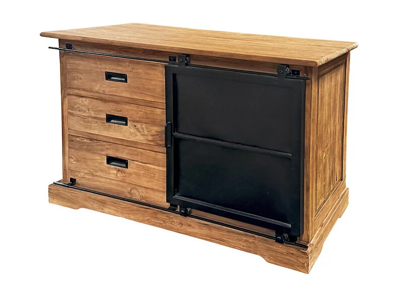 Buffet L. 120 cm en bois de teck massif brut et métal noir – EDWARDS