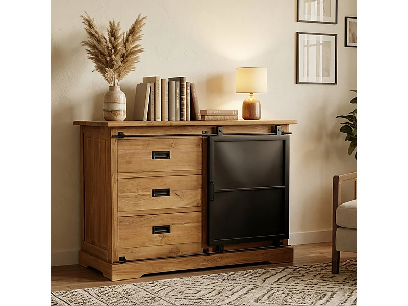 Buffet L. 120 cm en bois de teck massif brut et métal noir – EDWARDS