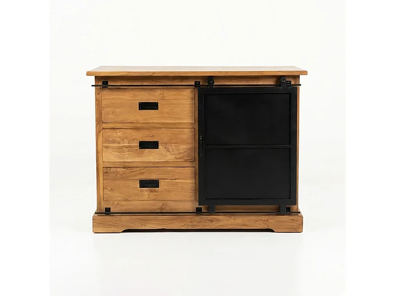 Buffet L. 120 cm en bois de teck massif brut et métal noir – EDWARDS