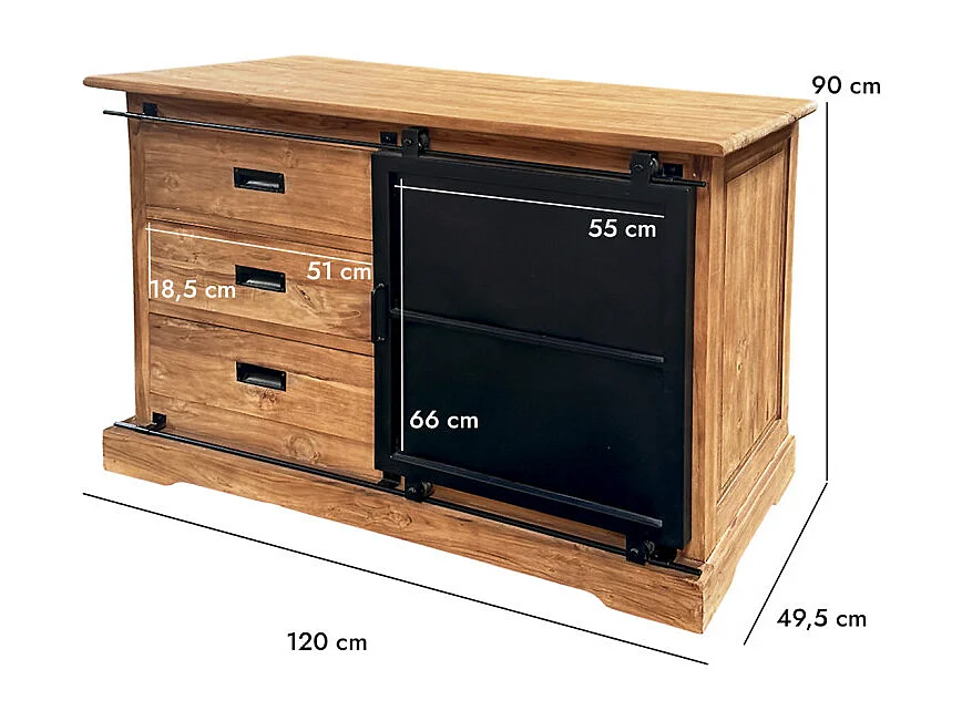 Buffet L. 120 cm en bois de teck massif brut et métal noir – EDWARDS