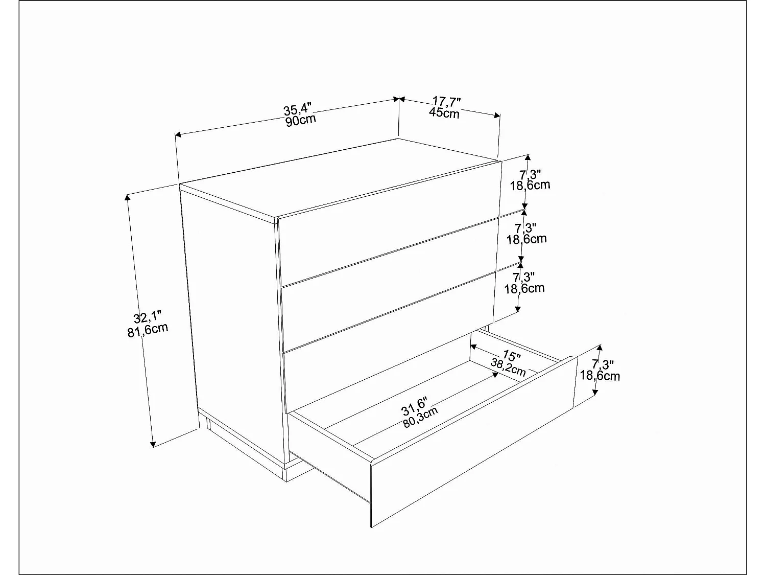 Decorotika Lines Chest of Drawers 4-tier - W 90 cm x H 81 cm x D 45 cm