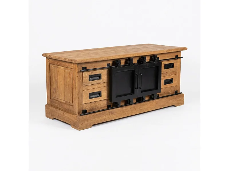 Meuble TV L. 110 cm en bois de teck massif et métal noir – EDWARDS