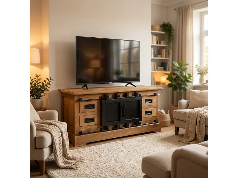 Meuble TV L. 110 cm en bois de teck massif et métal noir – EDWARDS