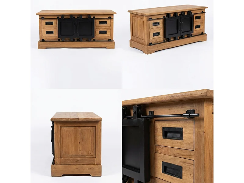 Meuble TV L. 110 cm en bois de teck massif et métal noir – EDWARDS
