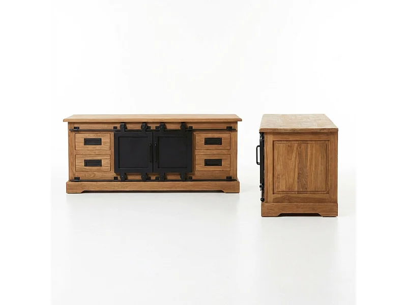 Meuble TV L. 110 cm en bois de teck massif et métal noir – EDWARDS