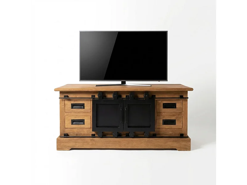 Meuble TV L. 110 cm en bois de teck massif et métal noir – EDWARDS